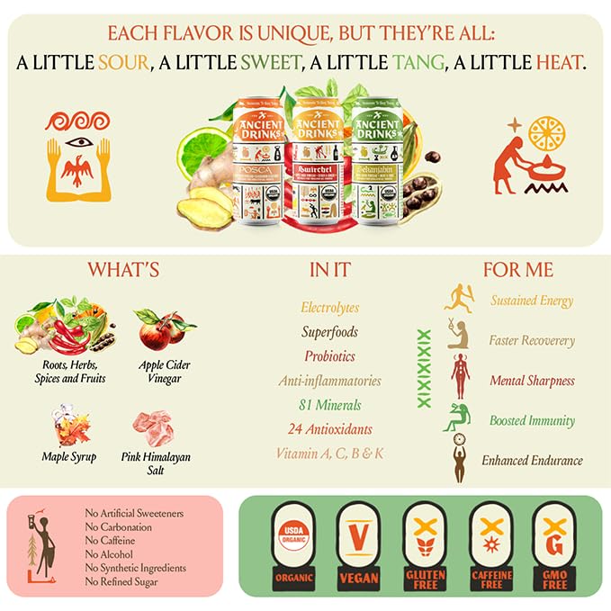 ANCIENT DRINKS Apple Cider Vinegar Beverage with Electrolytes, Vitamins, & Probiotics, Organic, Super-Hydrating Sports Drink - Mixed Pack (Posca, Switchel, Sekanjabin) - 16 fl oz (12 cans)