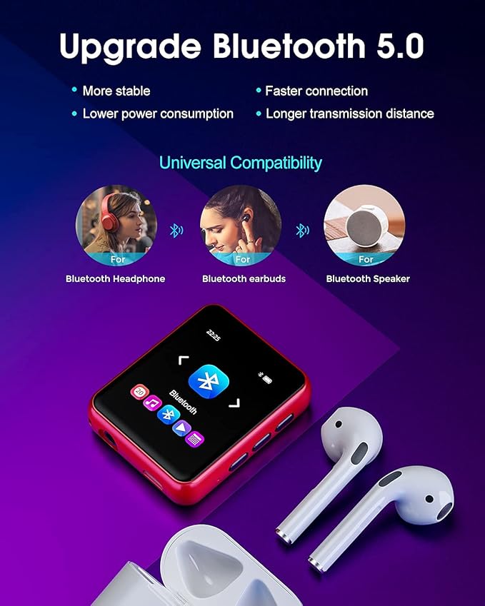 MP3 Player Bluetooth 5.3 Full Touch Screen Color Screen Mini MP3 Player, HiFi Lossless Music Player with Speakers, FM Radio, Recording, Support up to 128GB (red)