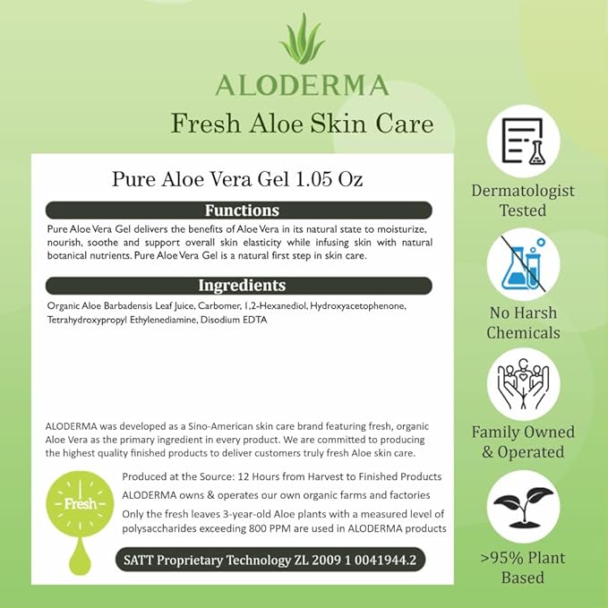 Aloderma Organic Aloe Vera Gel - 1.5oz, Unscented, Hydrating, Soothing, Cooling, Instant Relief for Skin & Sunburn, USDA Organic