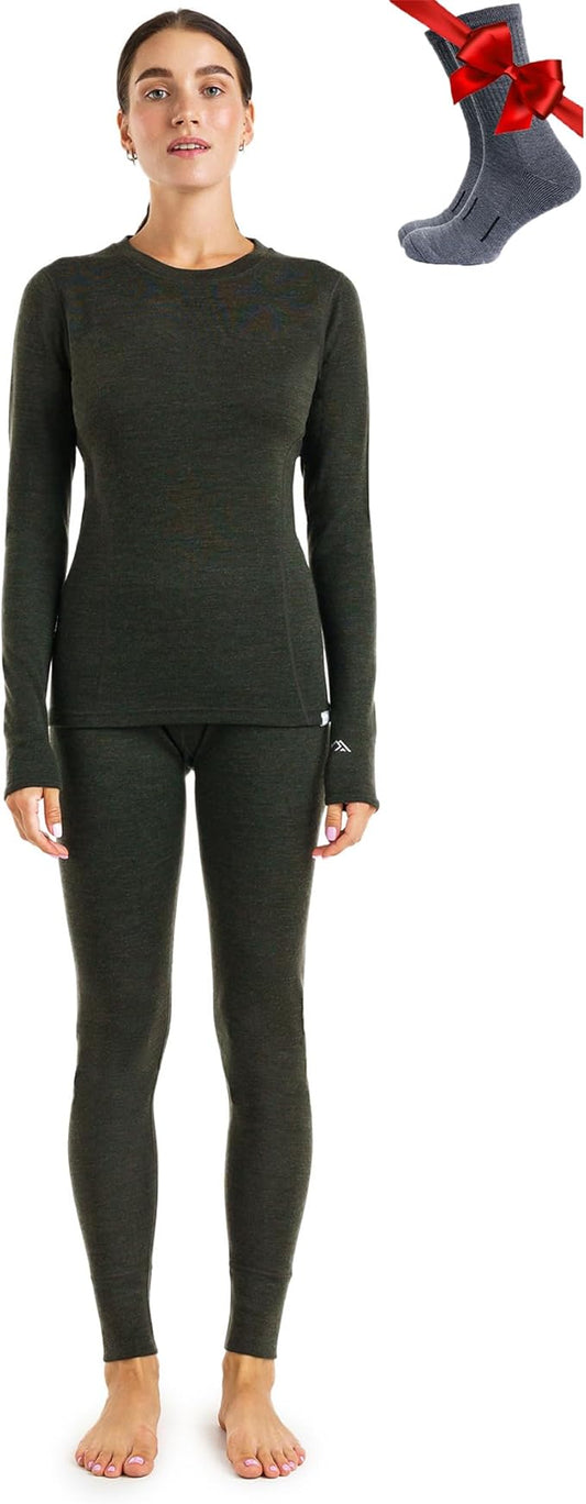 Merino.tech Merino Wool Base Layer Women Set - Heavyweight, Lite, Midweight Merino Thermal Underwear For Women Top, Bottom
