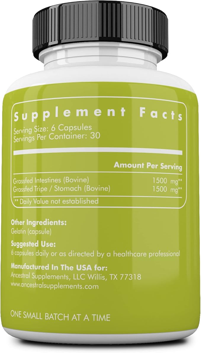 Ancestral Supplements Grass Fed Beef Intestines with Stomach (Tripe), 3000mg, Digestion Supplement Supports Acid Reflux and Gut, Intestine and Digestive Health, Non GMO, 180 Capsules