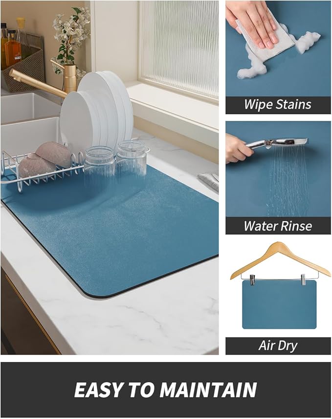 AMOAMI-Coffee Mat Hide Stain Rubber Backed Absorbent Dish Drying Mat for Kitchen Counter-Coffee Bar Accessories Fit Under Maker Machine Pot Espresso Machine Dish Rack Blue