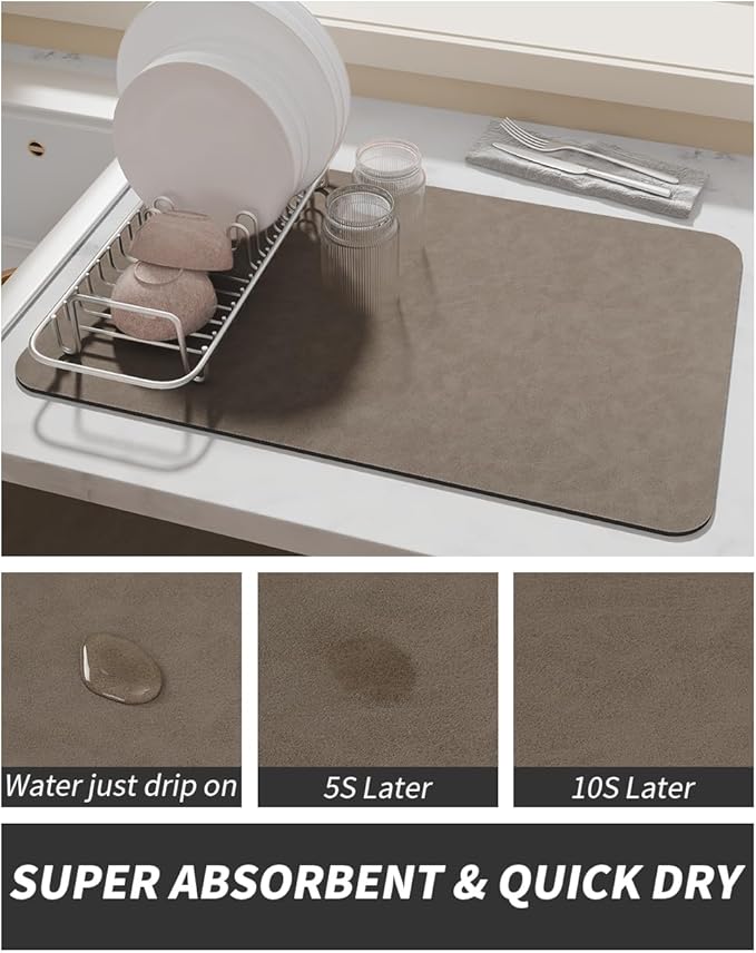 AMOAMI Coffee Mat Hide Stain Rubber Backed Absorbent Dish Drying Mat for Kitchen Counter - Brown, Fits Under Coffee Maker & Machine