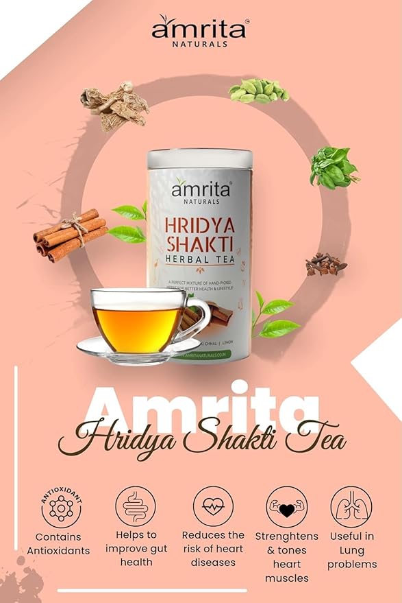 Amrita Naturals Hridya Shakti Herbal Tea - Gluten-Free, Vegan, Natural Instant Arjun Bark Hridyashakti Tea with No Artificial Colors & Flavors - 0.55 lb - 250 Gram