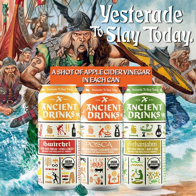 ANCIENT DRINKS Apple Cider Vinegar Beverage with Electrolytes, Vitamins, & Probiotics, Organic, Super-Hydrating Sports Drink - Mixed Pack (Posca, Switchel, Sekanjabin) - 16 fl oz (12 cans)