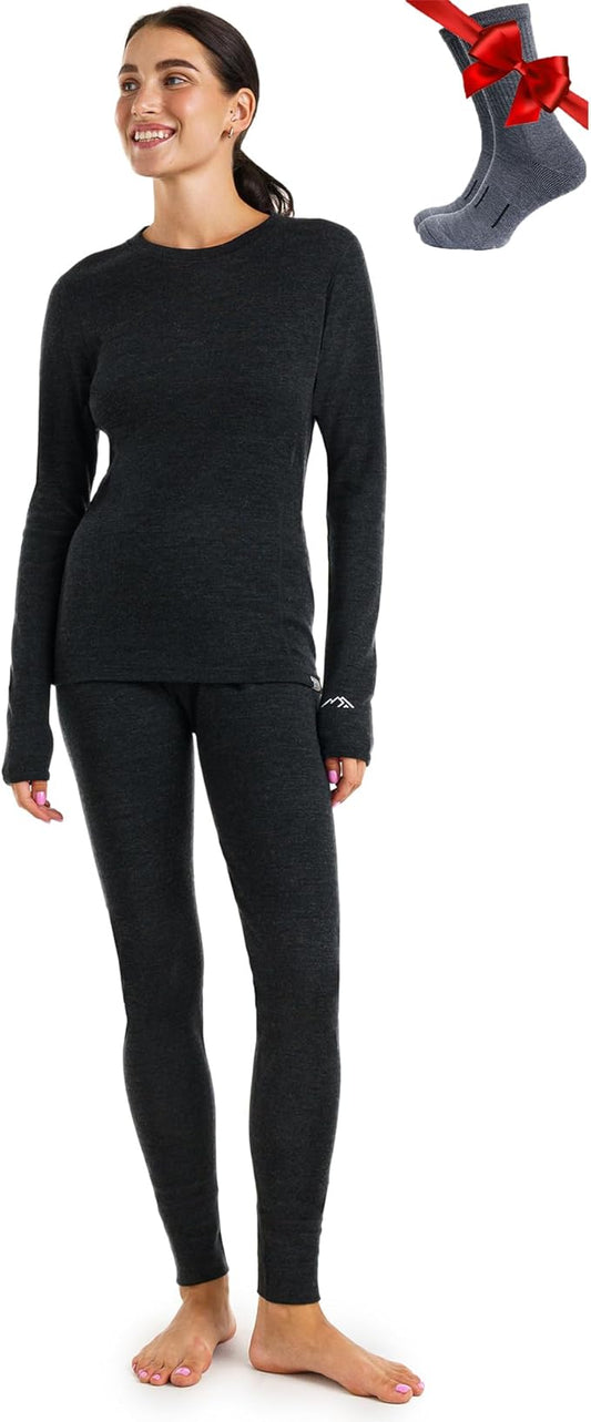 Merino.tech Merino Wool Base Layer Women Set - Heavyweight, Lite, Midweight Merino Thermal Underwear For Women Top, Bottom