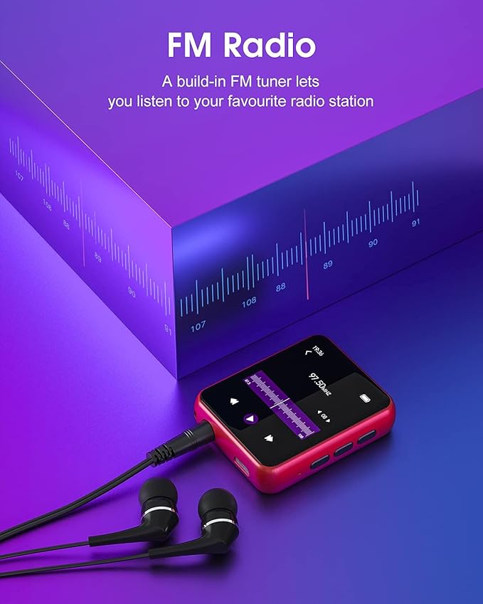 MP3 Player Bluetooth 5.3 Full Touch Screen Color Screen Mini MP3 Player, HiFi Lossless Music Player with Speakers, FM Radio, Recording, Support up to 128GB (red)