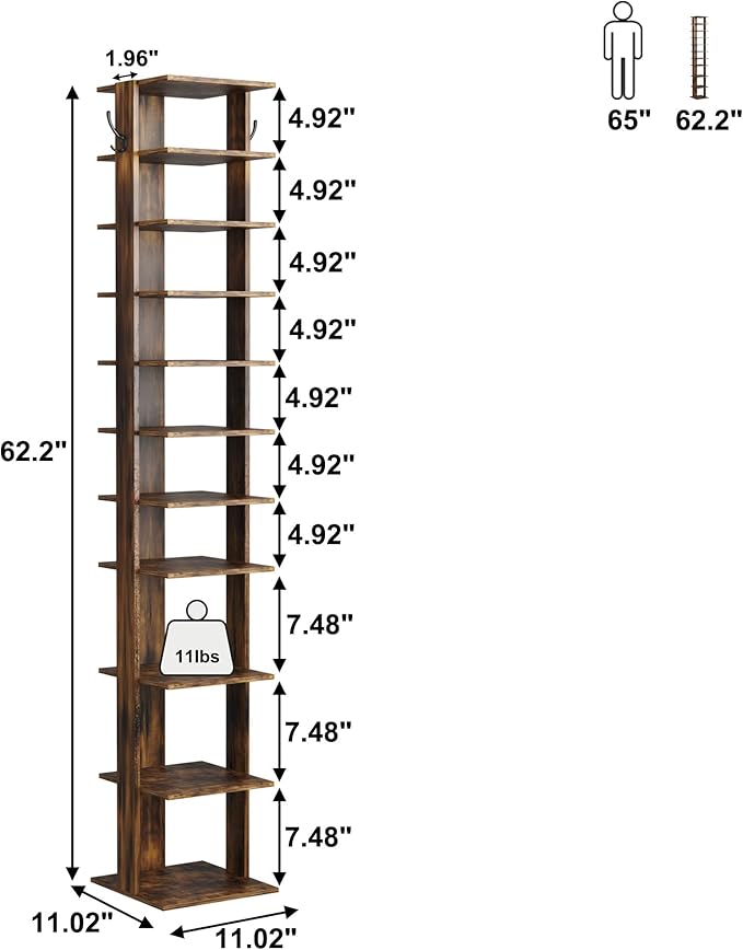 HOMEFORT 10-Tier Vertical Shoe Rack, Corner Shoe Tower, Slim Shoe Organizer with Two Hanging Hooks, Wooden Shoe Storage Stand for Entryway, Hallway, Closet, Rustic Brown