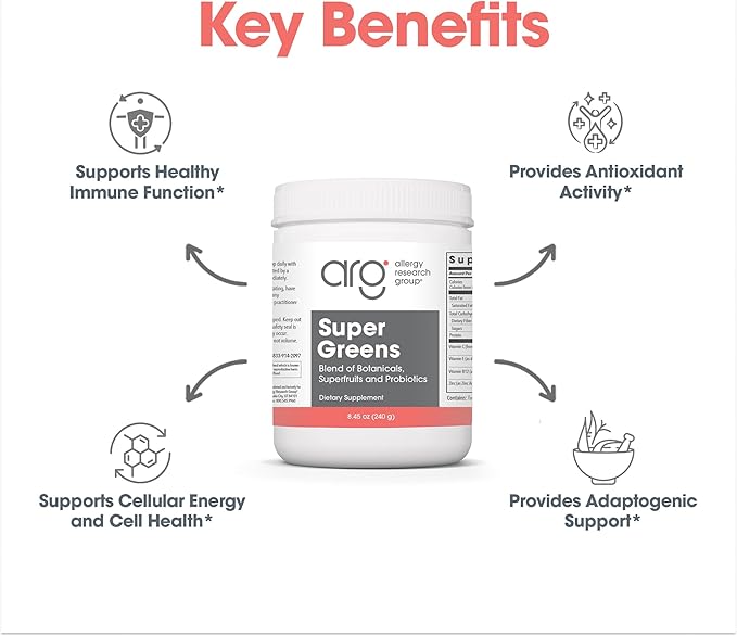 Allergy Research Group Super Greens - Superfood Green Powder with Spirulina, Chlorellla and Oat Grass, Clinically-Studied Probiotic Support for Women and Men - 8.45 oz (240 g)