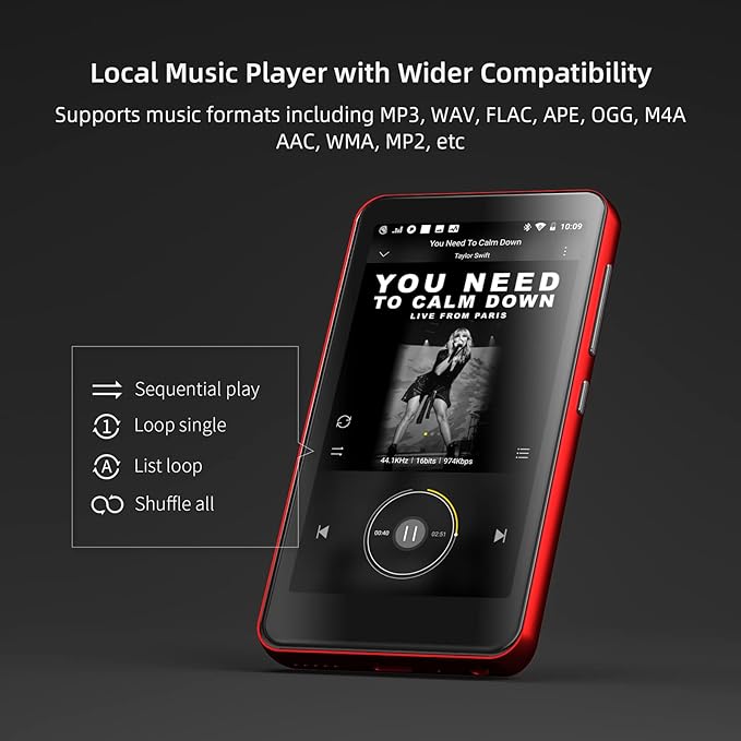 MP3 Player with Bluetooth and WiFi,MP3 Player with Spotify,Spotify Kids,Audible,Pandora,Amazon Music,4" Music Player MP4 Up to 1TB(80GB,Red_Black)