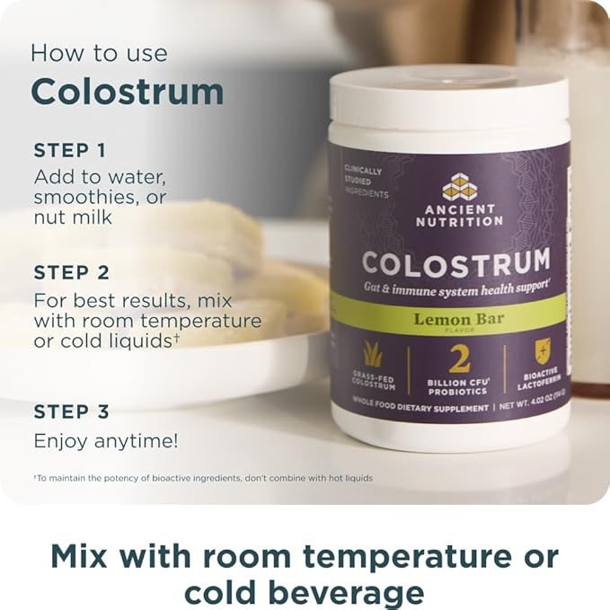 Ancient Nutrition Colostrum Superfood Powder, Grass Fed Bovine Colostrum, Supports Healthy Gut Microbiome and Immune System, Clinically Studied Lactoferrin & Probiotics, Lemon Bar, 60 Servings