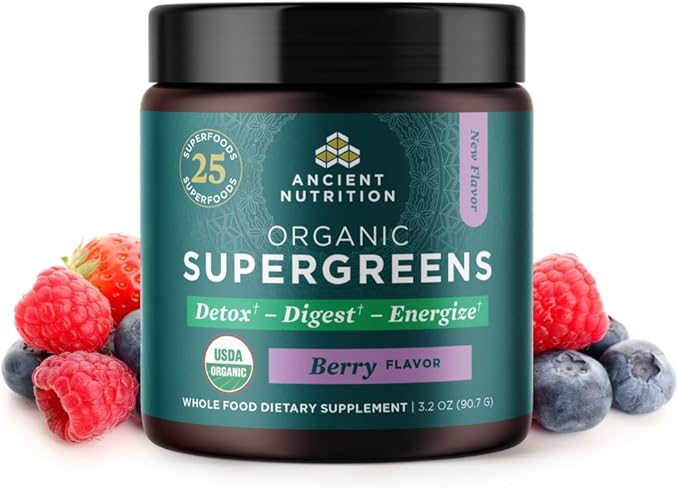 Ancient Nutrition SuperGreens Powder with Probiotics, Organic Berry Flavor Greens, Made from Real Fruits, Vegetables and Herbs, Digestive and Energy Support, 12 Servings, 3.2oz