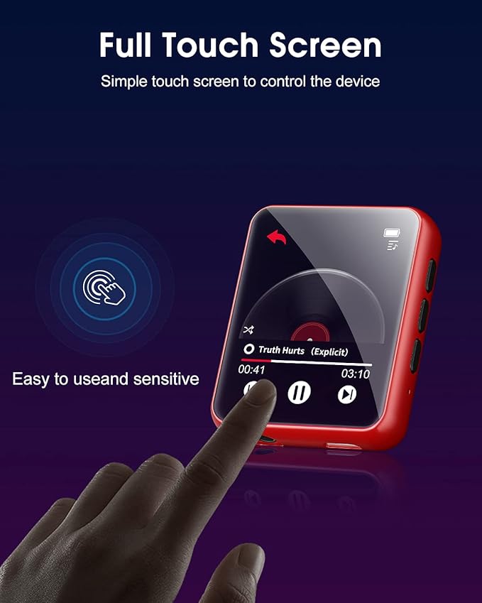 MP3 Player Bluetooth 5.3 Full Touch Screen Color Screen Mini MP3 Player, HiFi Lossless Music Player with Speakers, FM Radio, Recording, Support up to 128GB (red)