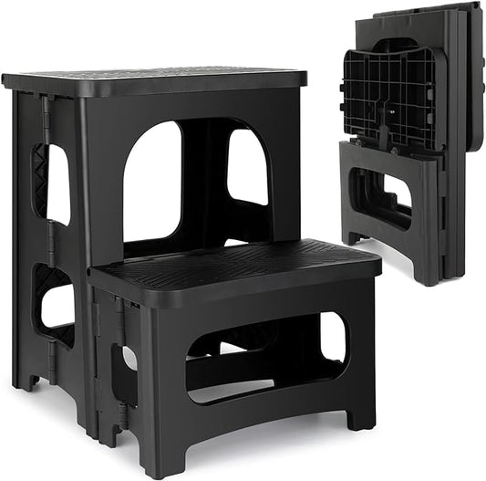 Amoise Folding 2-Step Stool, Non-Slip Portable Footstool 8'' & 17'' Dual Heights, Holds 300 lbs, Portable Footstool for Kitchen Home Toilet Bedroom Office Bathroom RV(Black)
