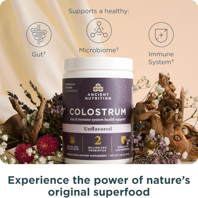 Ancient Nutrition Colostrum Superfood Powder, Grass Fed Bovine Colostrum, Supports Healthy Gut Microbiome and Immune System, Clinically Studied Lactoferrin & Probiotics, Unflavored, 60 Servings