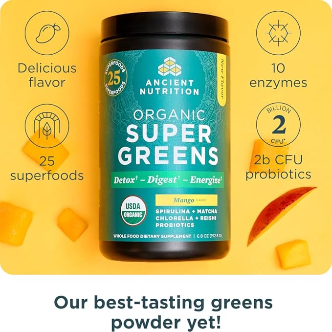 Ancient Nutrition SuperGreens Powder with Probiotics, Organic Mango Flavor Greens, Made from Real Fruits, Vegetables and Herbs, Digestive and Energy Support, 25 Servings, 6.8oz