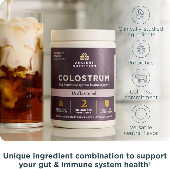 Ancient Nutrition Colostrum Superfood Powder, Grass Fed Bovine Colostrum, Supports Healthy Gut Microbiome and Immune System, Clinically Studied Lactoferrin & Probiotics, Unflavored, 60 Servings