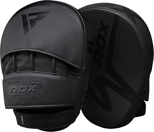RDX Boxing Pads Focus Mitts, Convex Skin Leather Curved Hand Pad with Adjustable Strap, Hook and Jab Hand Strike Shield for MMA, Martial Arts, Punching Target, Muay Thai Training Matte Black