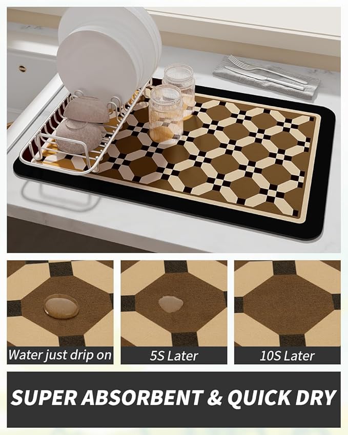 AMOAMI Coffee Mat Hide Stain Rubber Backed Absorbent Dish Drying Mat for Kitchen Counter - Fits Under Coffee Maker or Machine - PEANUT 12X19