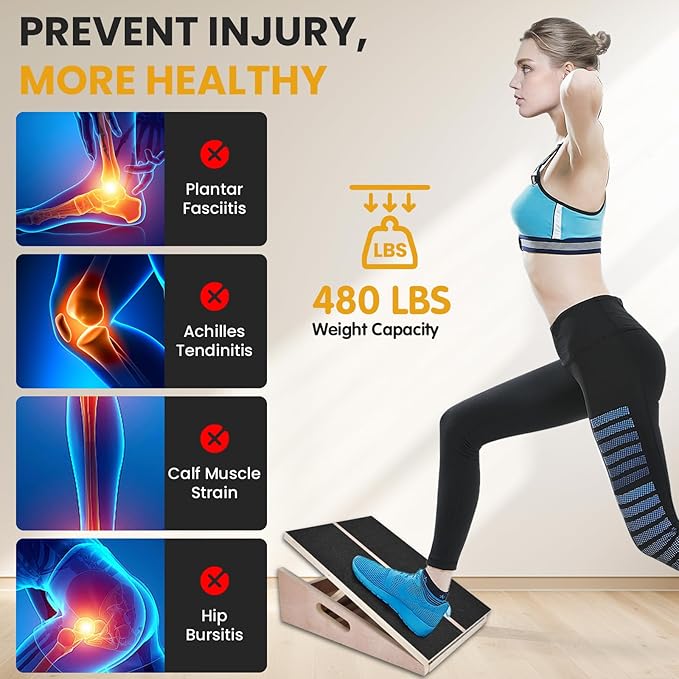Slant Board for Calf Stretching, Portable Wooden Calf Stretcher - Adjustable Incline Board for Knees Ankle Heel Feet Leg