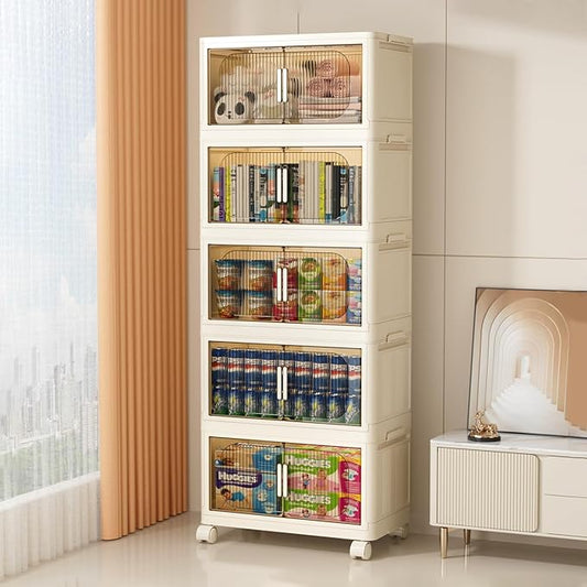 Holaki 39 QT Storage Bins with Lid, 5 Tiers Stackable Plastic Storage Bins Cabinet Box Collapsible Closet Organizers with Wheels and Magnetic Door,White