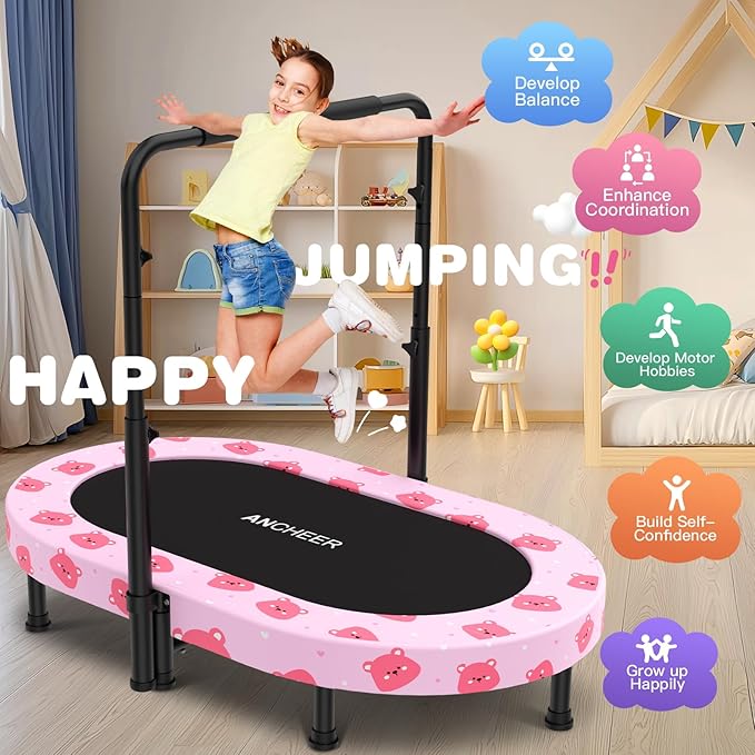 ANCHEER 56" Double Mini Trampoline for Kids, Mini Rebounder with 5-Level Adjustable Handle, Parent-Child Trampoline for Kids, Max Load 220lbs, Fun for Indoor/Outdoor