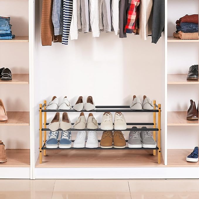 STORAGE MANIAC Expandable Shoe Rack, 16 Pairs Stackable Small Shoe Rack, Metal Adjustable Shoes Organizer for Closet, Entryway, Hallway, Garage, Front Door, Shoes Shelves, Bamboo 4 Tier