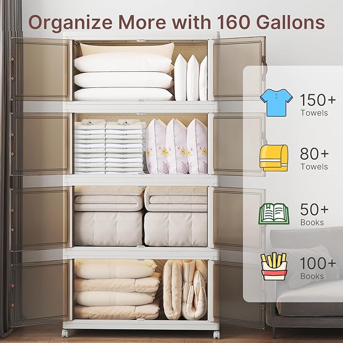 Extra Large Stackable Storage Bins with Lids & Wheels & Door, 640QT-160QT/40GAL*4Pack Foldable Collapsible Closet Organizers, Plastic containers drawers for bedroom Dorm