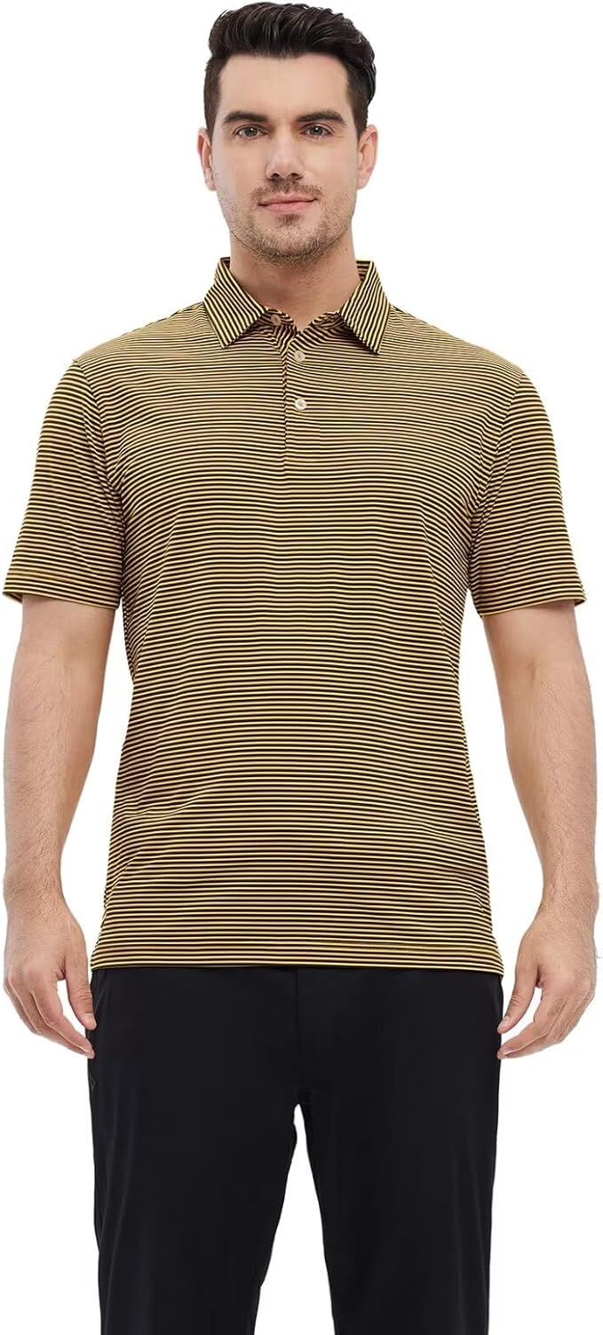 Mens Golf Shirt Moisture Wicking Dry Fit Performance Sport Short Sleeve Striped Golf Polo Shirts for Men
