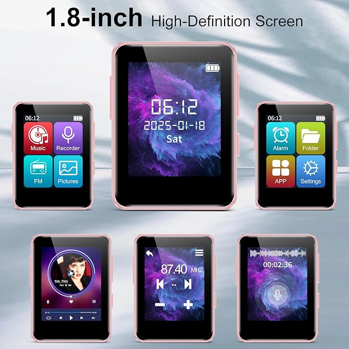 MP3 Player with Bluetooth, 1.8 inch Screen Portable Music Player with Speaker, FM Radio, Recorder, Expansion to 512GB, Pink with 32GB Micro SD Card