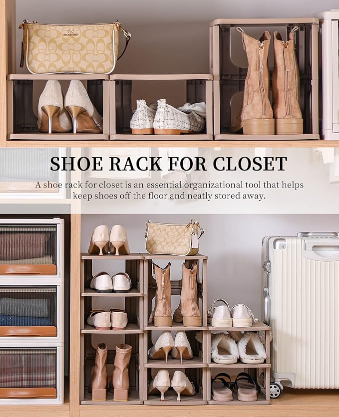 Narrow Shoe Rack - 5 Tiers Stackable Shoe Storage Stand for Entryway Hallway and Closet Durable Shoe Shelf Space Saving Boots Storage and Organization Stylish Small Shoe Cabinet No-Tool Assembly Khaki