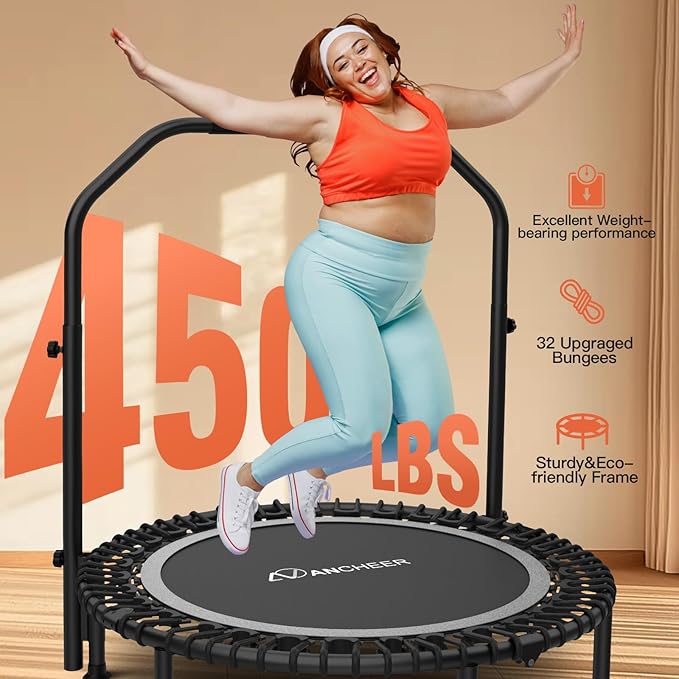 ANCHEER 40/48" Mini Trampoline with Upgraded Bungee Cords, 550LBS Capacity, Adjustable Foam Bar & Resistance Ropes, Indoor/Outdoor Rebounder for Adults