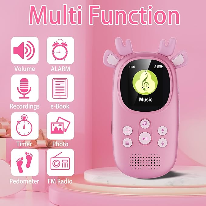 64GB MP3 Players for Kids, Cute Reindeer Portable Music Bluetooth Kid MP3 Player, Child MP3 Player with Bluetooth 5.3,Speaker, FM Radio, Alarm Clock, Voice Recorder, Stopwatch (Support up to 128GB)
