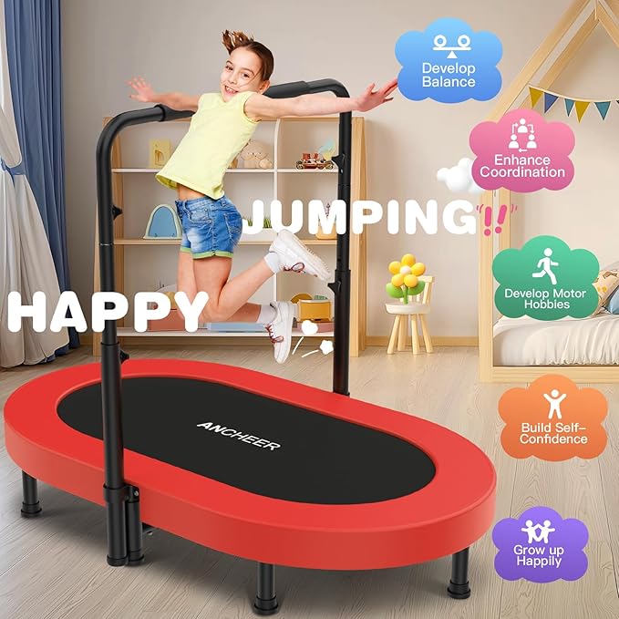 ANCHEER 56" Double Mini Trampoline for Kids, Mini Rebounder with 5-Level Adjustable Handle, Parent-Child Trampoline for Kids, Max Load 220lbs, Fun for Indoor/Outdoor