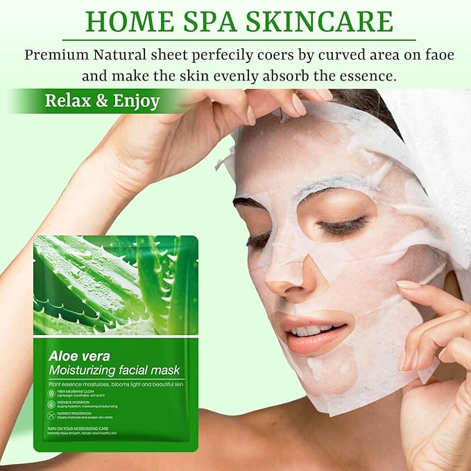 Aloe Vera Face Masks Skincare Soothing Face Mask Hydrating Face Masks Moisturizing Face Mask for Dry, Oil，Sensitive Skin, Aloe Face Sheet Masks for After Sun Care, Calming, Refreshing,10 Pack