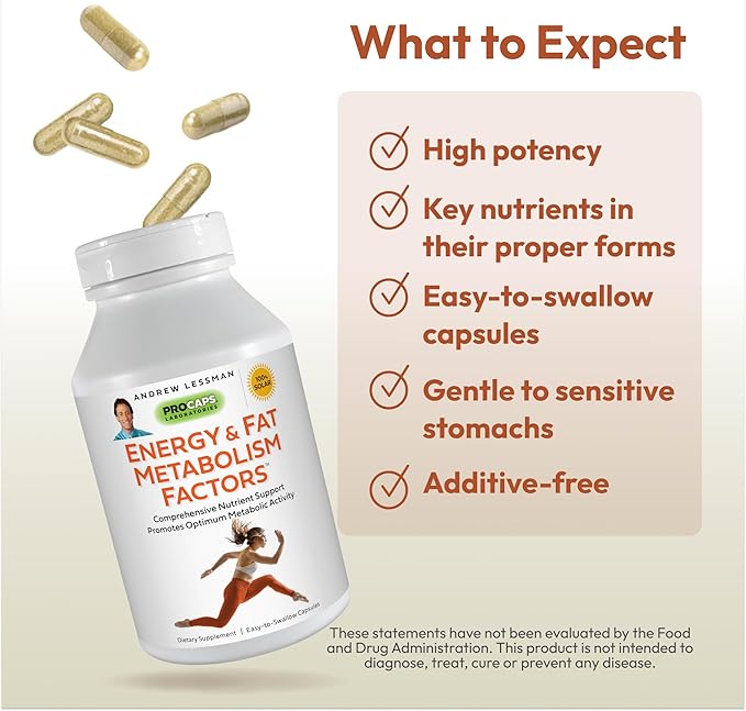 ANDREW LESSMAN Energy and Fat Metabolism Factors - 180 Capsules - Promotes Optimum Fat and Energy Metabolism, with Carnitine, Green Tea, Guarana, Ginseng, B-Complex. Easy to Swallow Capsules