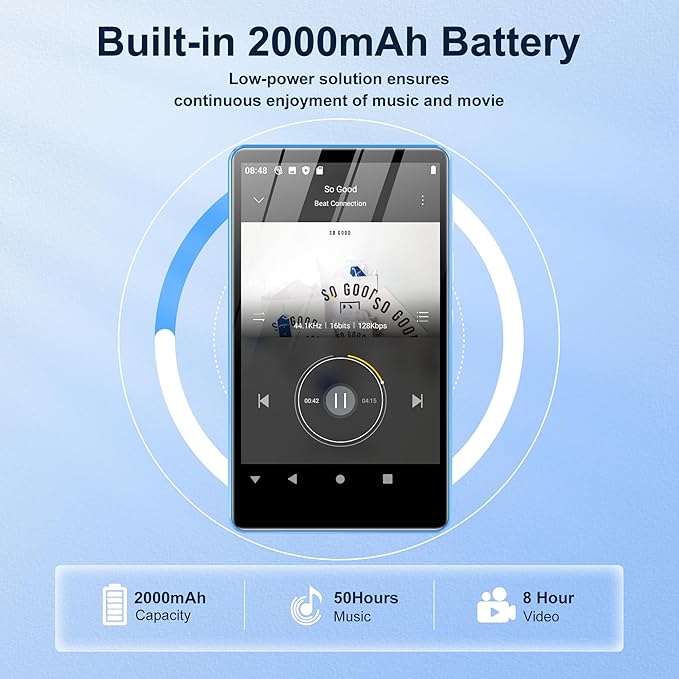 80GB MP3 Player with Bluetooth and WiFi,4-inch Touch Screen MP3 Player with Bluetooth, Spotify, Amazon Music, Audible, Spotify Kids, Pandora, M503Pro Andriod MP4 & MP3 Music Player up to 1TB Blue