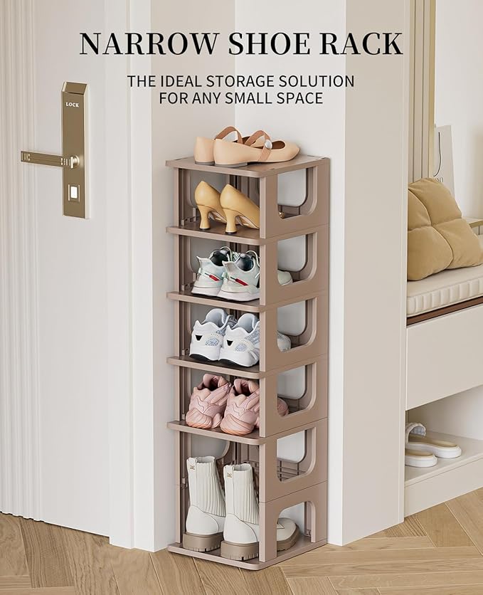 Narrow Shoe Rack - 5 Tiers Stackable Shoe Storage Stand for Entryway Hallway and Closet Durable Shoe Shelf Space Saving Boots Storage and Organization Stylish Small Shoe Cabinet No-Tool Assembly Khaki
