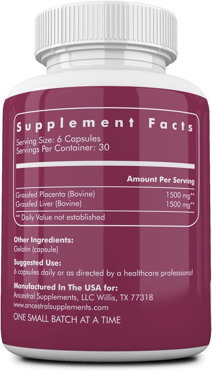 Ancestral Supplements Grass Fed Placenta Supplement with Liver, Contains Postpartum Vitamins for Women Breastfeeding, Promotes Menopause Relief, Stem Cells Support Skin Elasticity, 180 Capsules