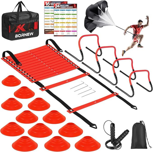 Soccer Training Equipment, Agility Speed Training Set with 20ft Speed Ladder, 12 Cones, 4 Adjustable Hurdles, Jump Rope, Parachute | Ideal for Basketball, Football Practise, for Kids, Youth, Adults