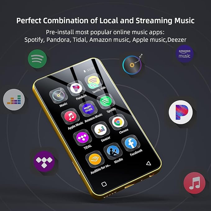 80GB MP3 Player with Bluetooth and WiFi, MP4 MP3 Player with Spotify,Spotify Kids，4" Full Touch Screen with Pandora, Music Player with Audible，Android MP3 with Speaker (Gold_Black)