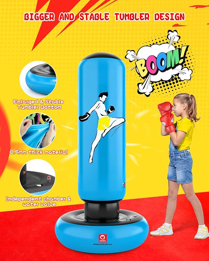 QPAU Kids Punching Bag Toy with Boxing Gloves, 66 Inch Larger Stable Kids Inflatable Boxing Bag Set, Gifts for Boys & Girls Age 6-12, for Practicing Karate, Taekwondo, MMA