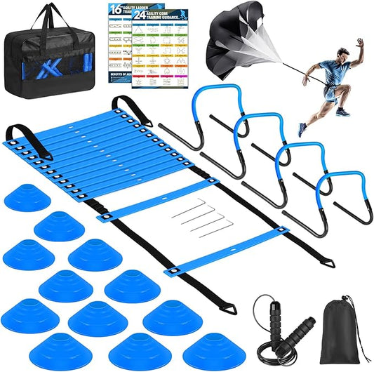 Soccer Training Equipment, Agility Speed Training Set with 20ft Speed Ladder, 12 Cones, 4 Adjustable Hurdles, Jump Rope, Parachute | Ideal for Basketball, Football Practise, for Kids, Youth, Adults