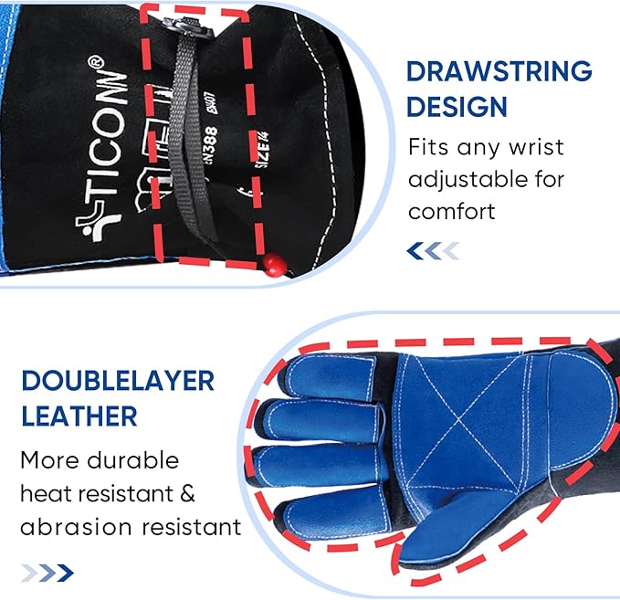 TICONN Welding Gloves, 16 IN L/XL/XXL 1000°F Heat-Resistant Fireproof Leather Gloves for Welders, Stick, Forge, Mig, Tig, BBQ