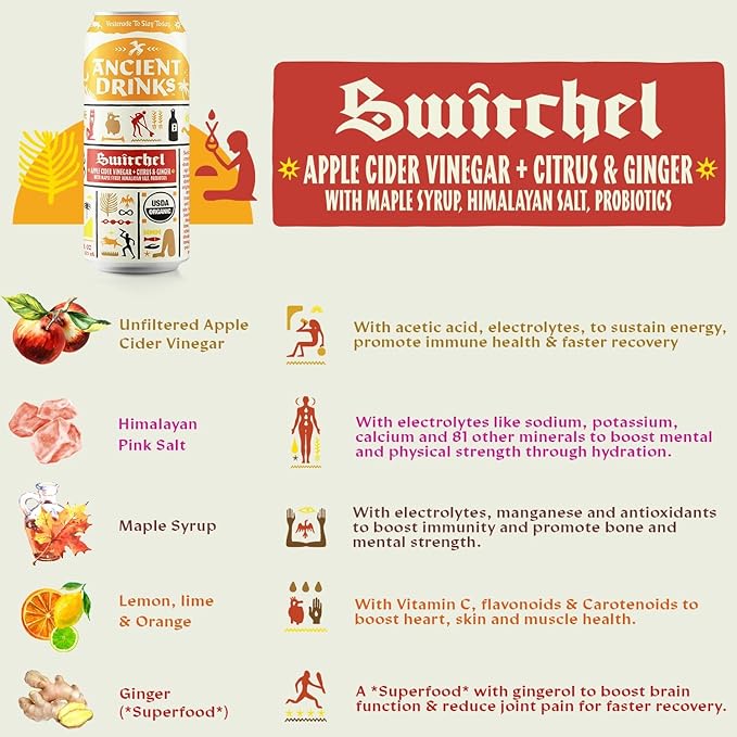 ANCIENT DRINKS Apple Cider Vinegar Beverage with Electrolytes, Vitamins, & Probiotics, Organic, Super-Hydrating Sports Drink - Switchel (Citrus & Ginger) - 16 fl oz (12 cans)