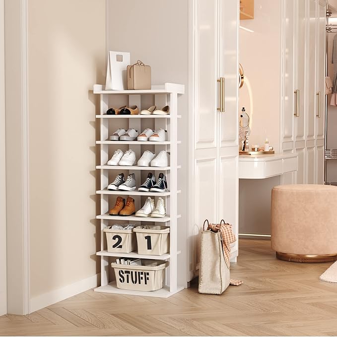 HOMEFORT 7-Tier Wood Shoe Rack, Double Rows 7-Tier Shoe Shelf, Shoe Storage Stand, Entryway Shoe Tower, Vertical Shoe Organizer Perfect for Narrow Closet, Entryway, Hallway, Bedroom in White