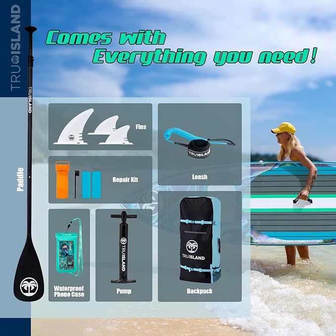TRUISLAND Inflatable Paddle Board, Stand Up Paddle Board with Backpack, Non-Slip Thickened Deckpad, Waterproof Phone Case, Leash, Paddle, Hand Pump
