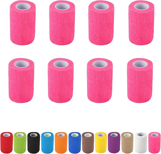 8 Pack Self Adhesive Bandage Wrap, 3 in x 5 Yards Non-Woven Self Adherent Cohesive Bandage, Vet Wrap Wound Tape for Thumb Finger Wrist Knee Ankle, Pink