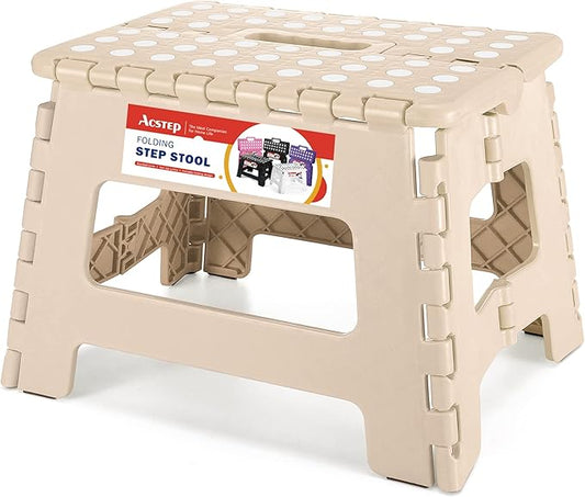 ACSTEP Folding Step Stool - 9 Inch Lightweight Plastic Non-Slip Foldable Stool for Kitchen, Bathroom, Bedroom - Khaki