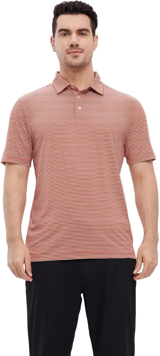 Mens Golf Shirt Moisture Wicking Dry Fit Performance Sport Short Sleeve Striped Golf Polo Shirts for Men